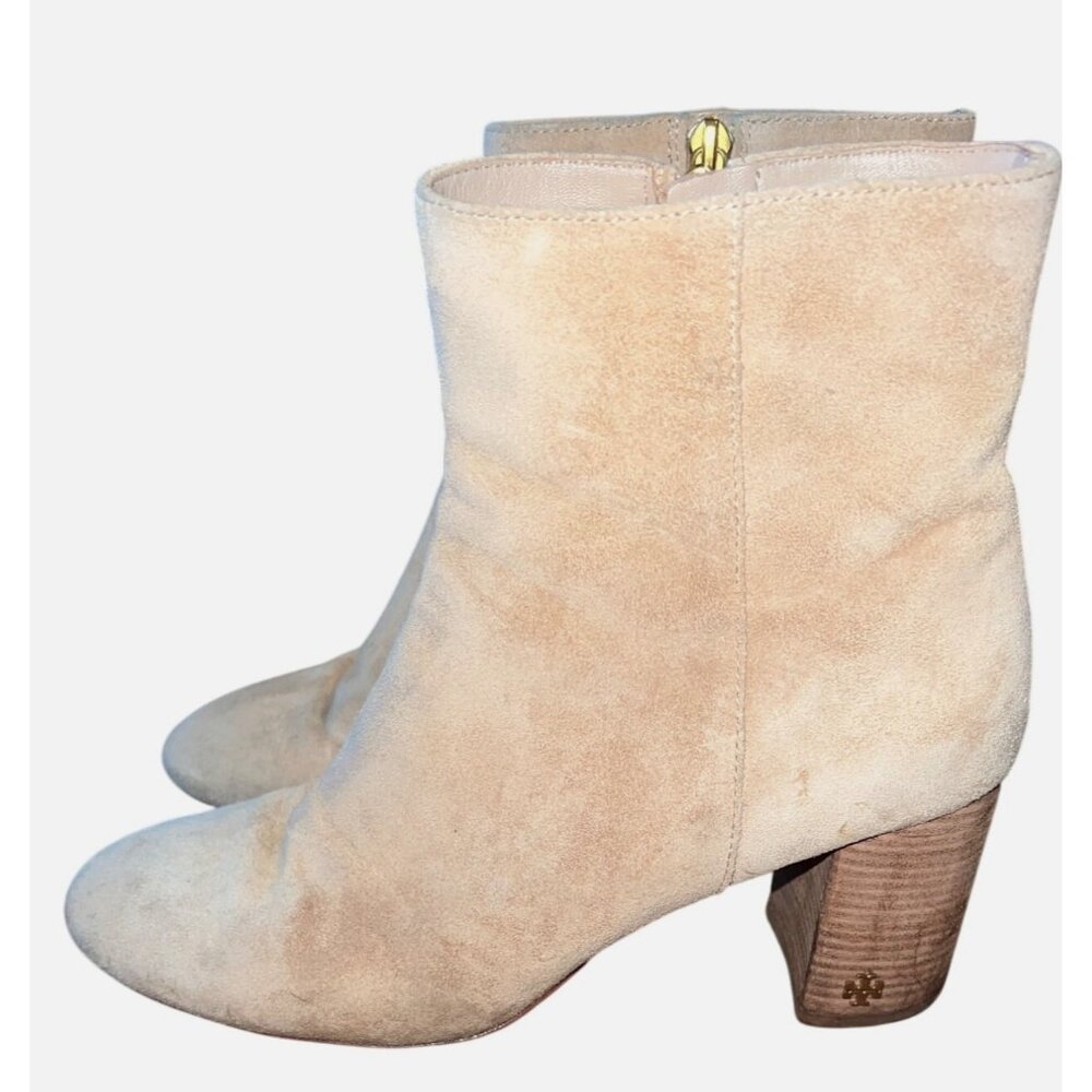 Tory Burch Brooke Suede Ankle Boot Perfect Sand 8.5M Leather Sole Stacked Heel‎